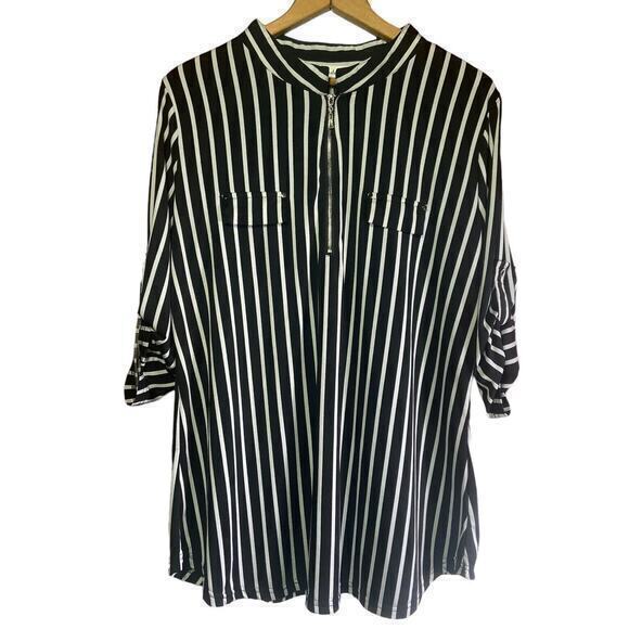 Ninedaily Blouse Black White Stripe 3/4 Sleeve Button Zipper Front Plus Size 2XL - Picture 3 of 11